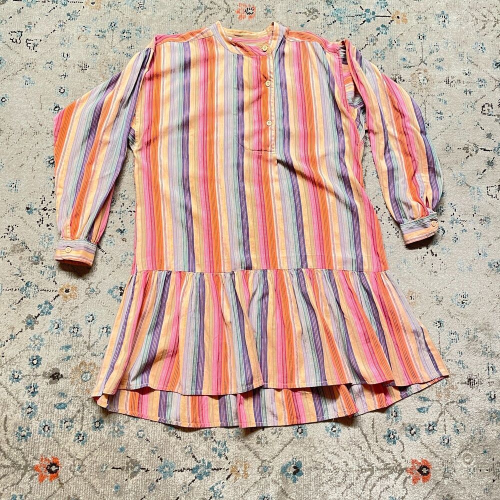 VTG BLOOMINGDALES Boho Multicolor Stripe Babydoll Style Mini Dress Womens Size S
